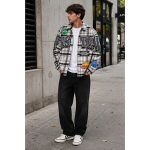 First Row Sporting Goods Plaid Varsity Patch Shirt Jacket Mens M Streetwear